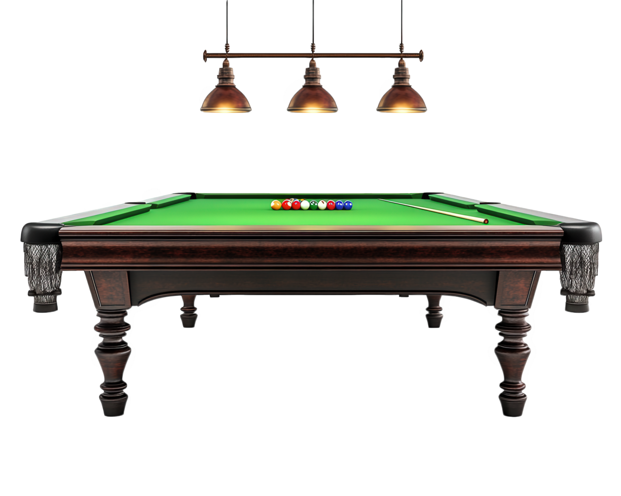 A pool table with a green cloth and a light fixture png