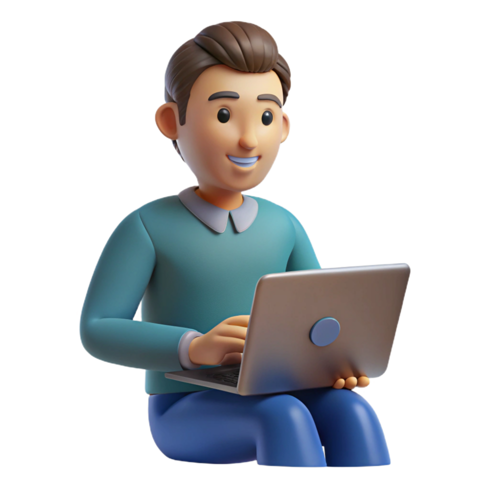 3D Render of Smiling Man Using a Laptop Computer png