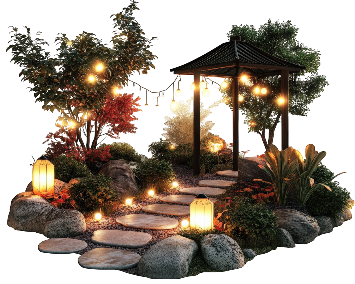 A garden with lights and rocks png