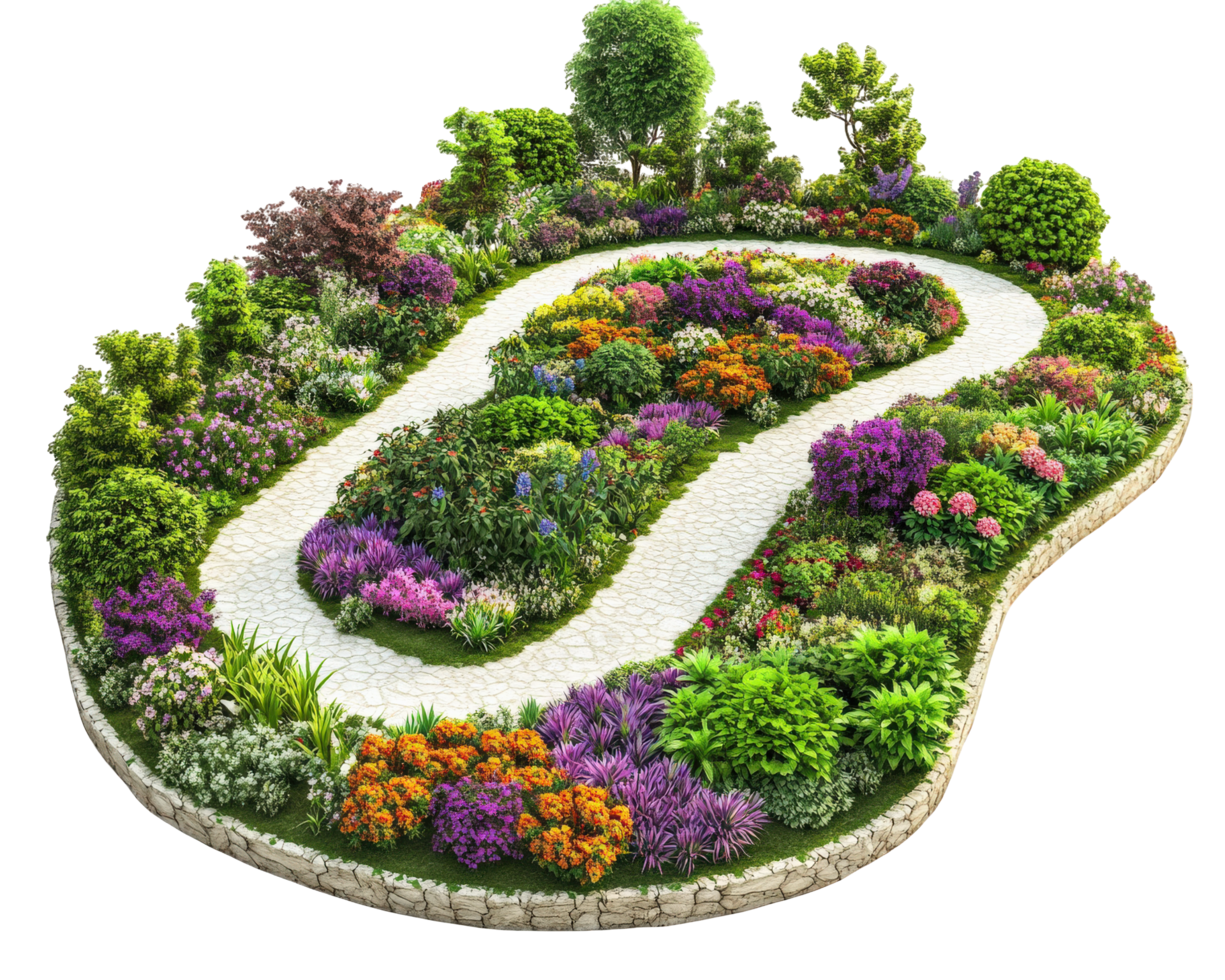 A garden with a circular path and flowers png