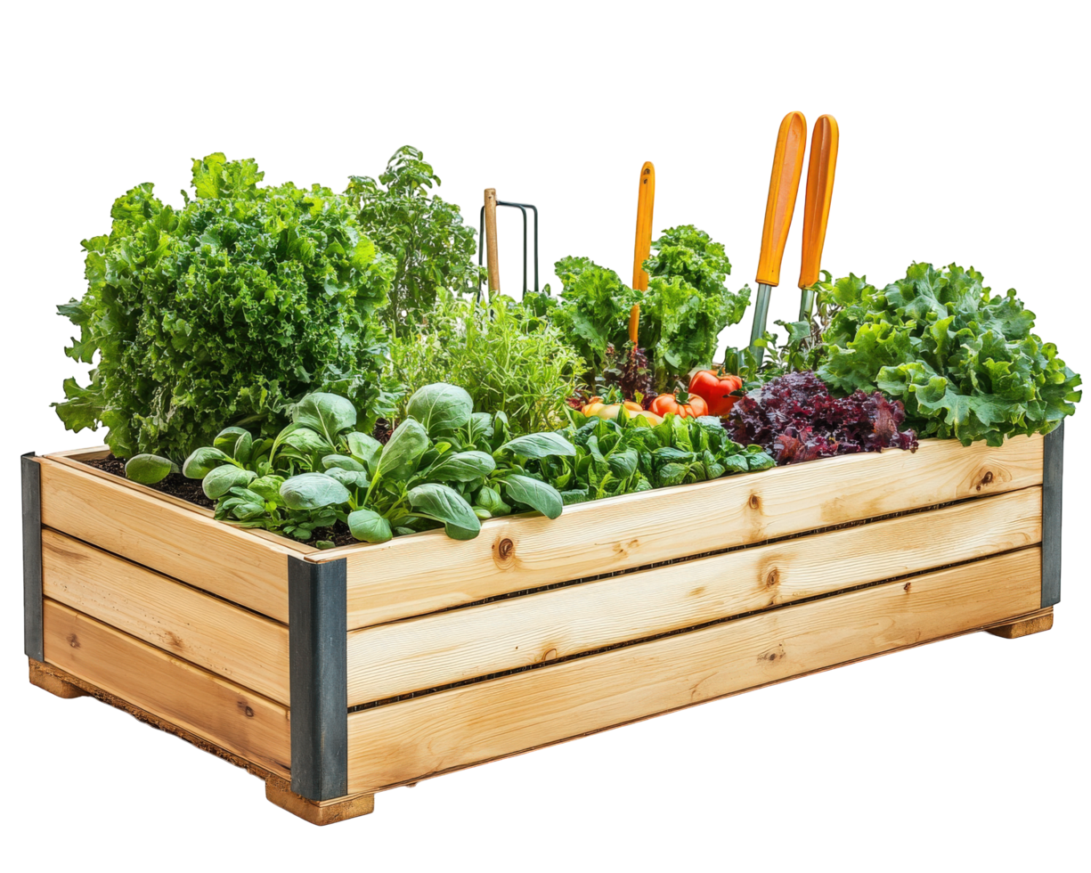 A wooden raised garden box with vegetables and tools png