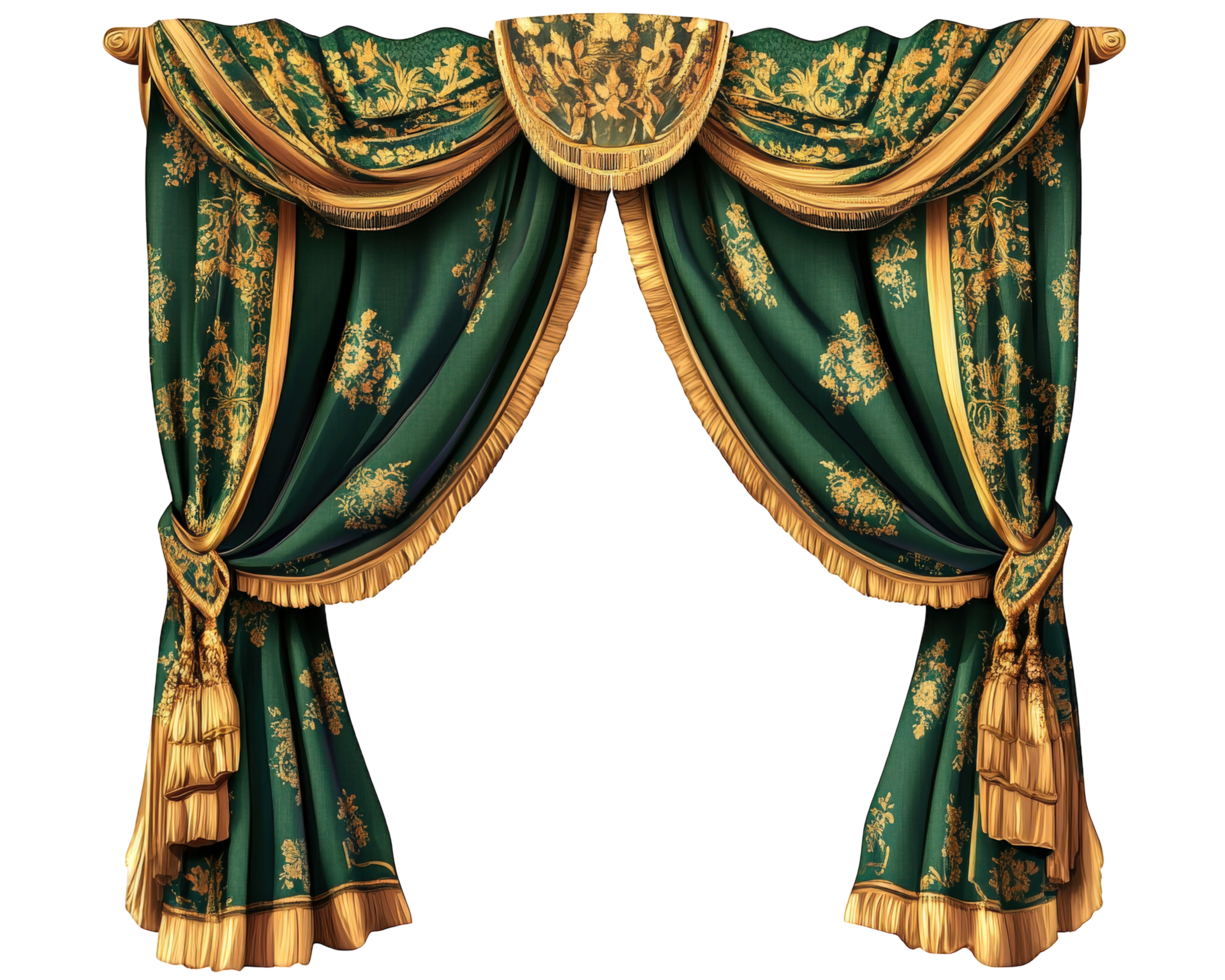 A green and gold curtain with gold trim png