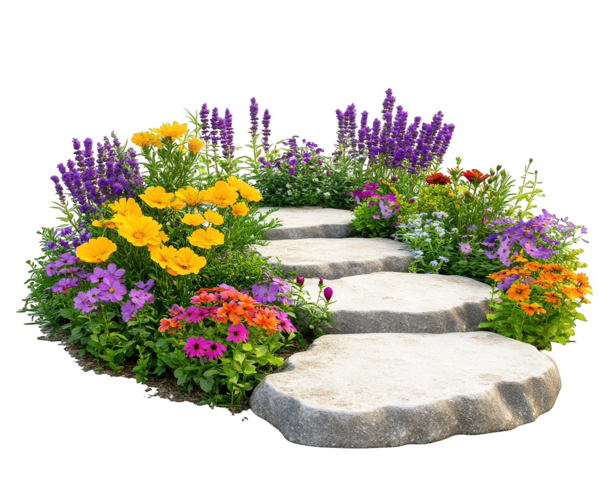 A stone path surrounded by flowers and grass png