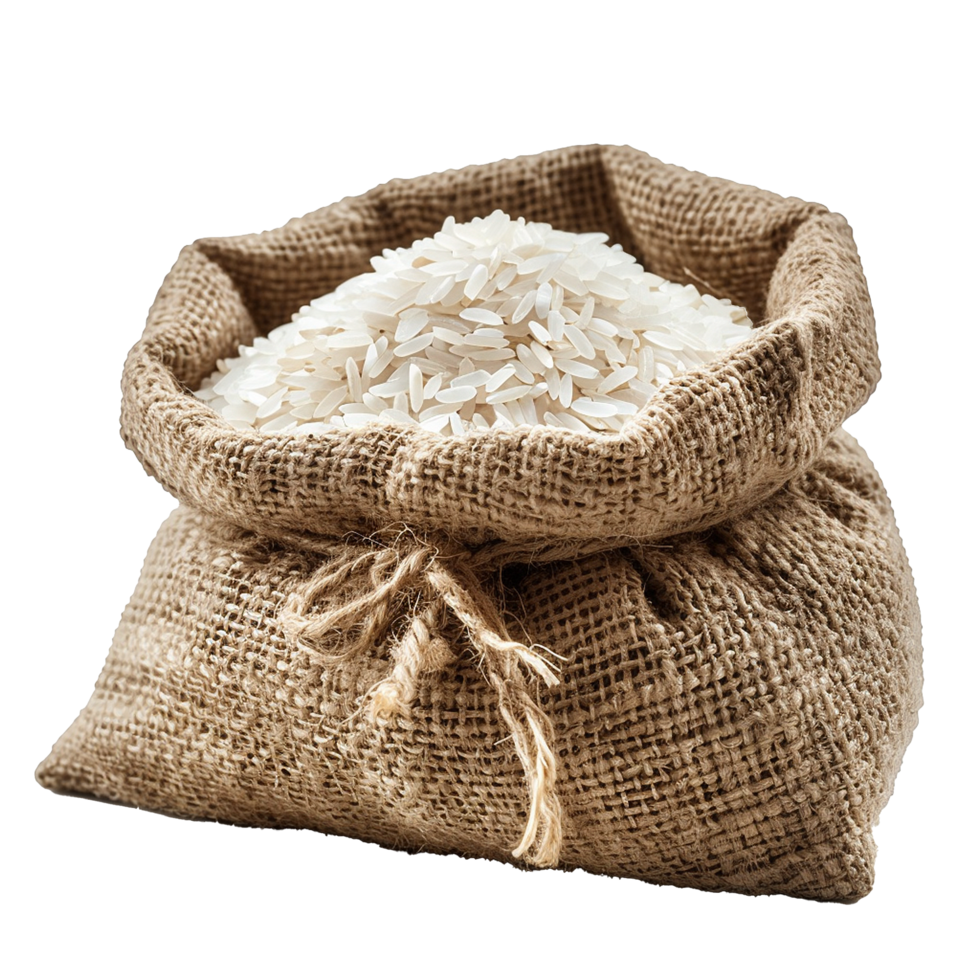 A burlap sack full uncooked white rice grains png