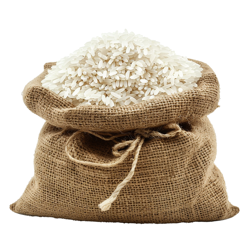 A burlap sack full of uncooked white rice grain png