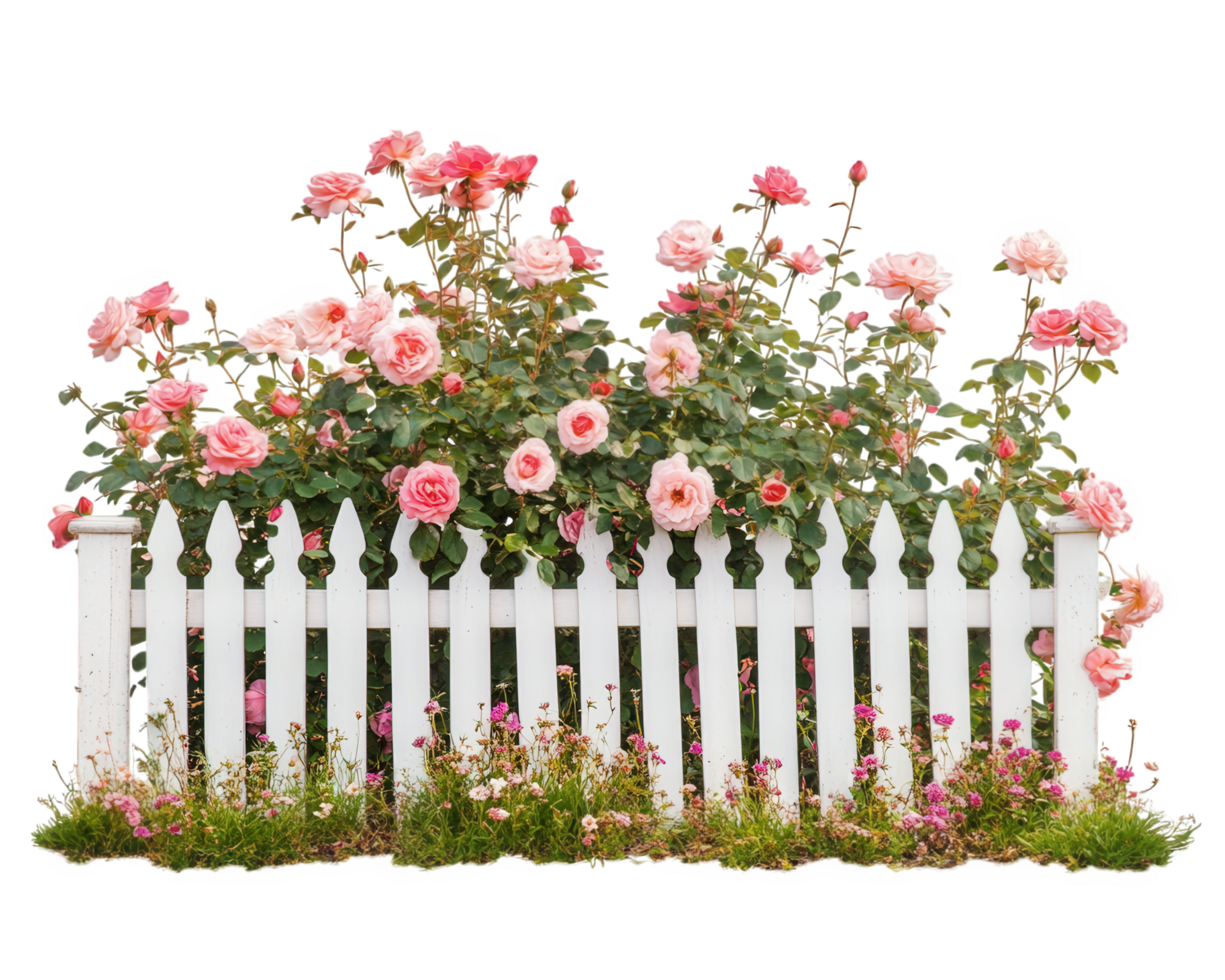 A white picket fence with pink roses png