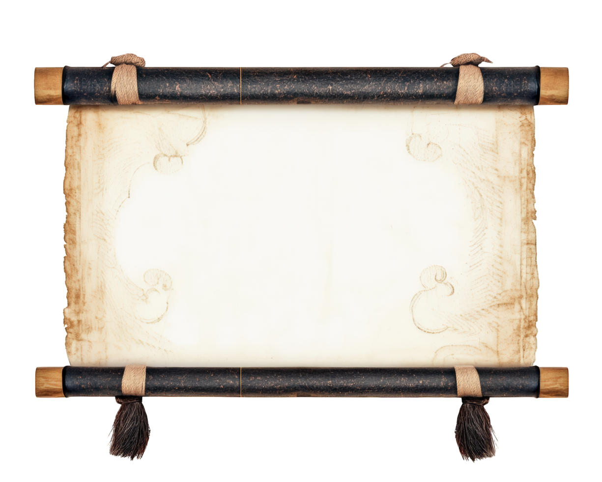 Ancient scroll with a black background and brown tassels png