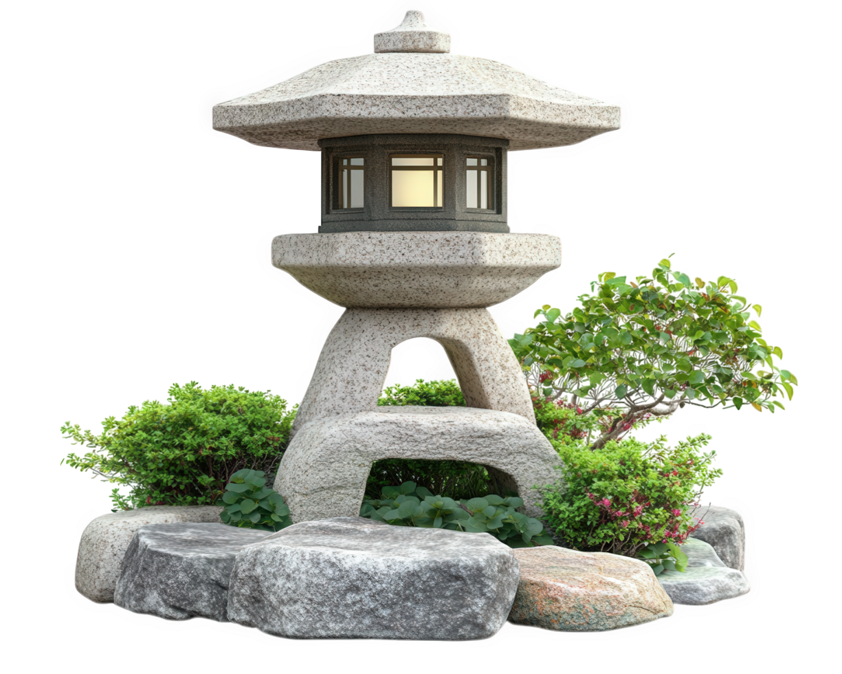 A stone lantern with a small garden in front of it png