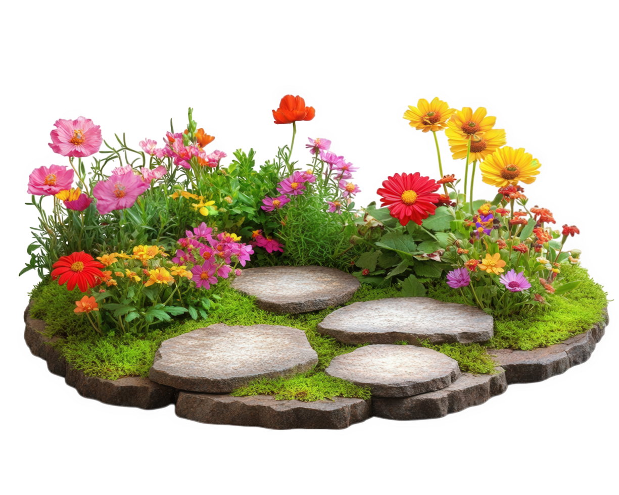 A flower garden with stepping stones and flowers png