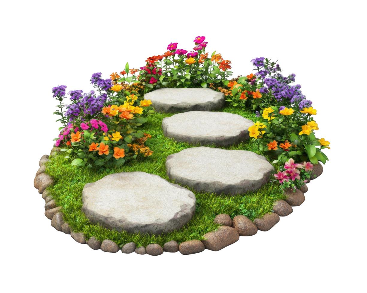 A stone path surrounded by flowers and rocks png