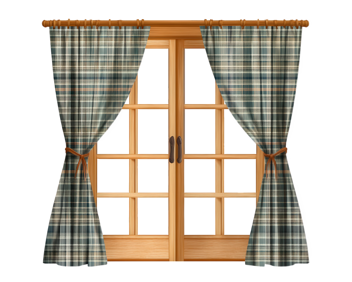 An open window with curtains and a wooden door png