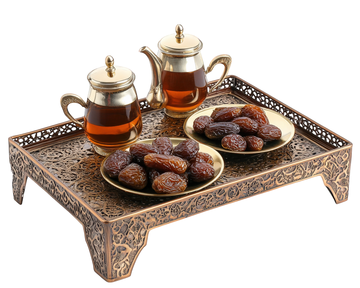 A tray with two cups of tea and dates png