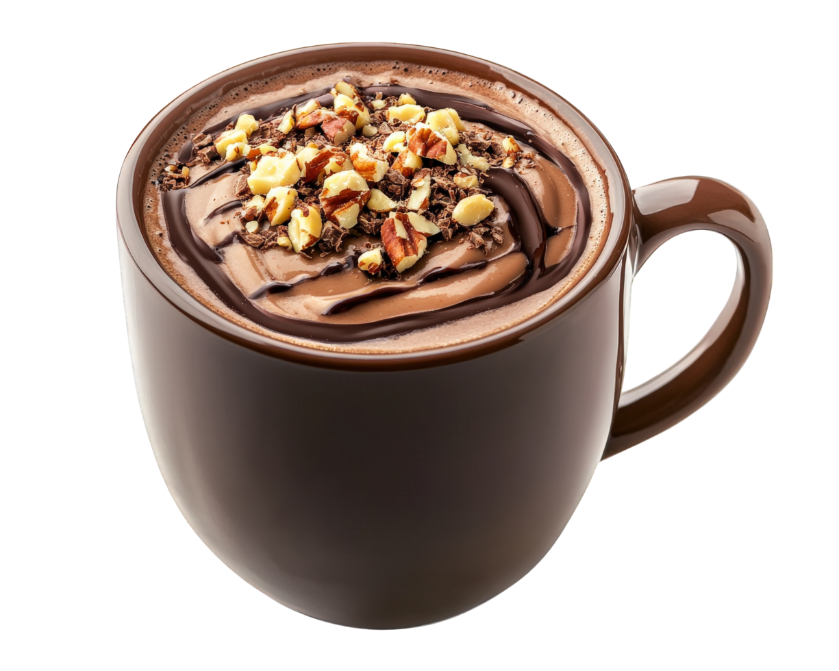A mug of hot chocolate with nuts and chocolate png