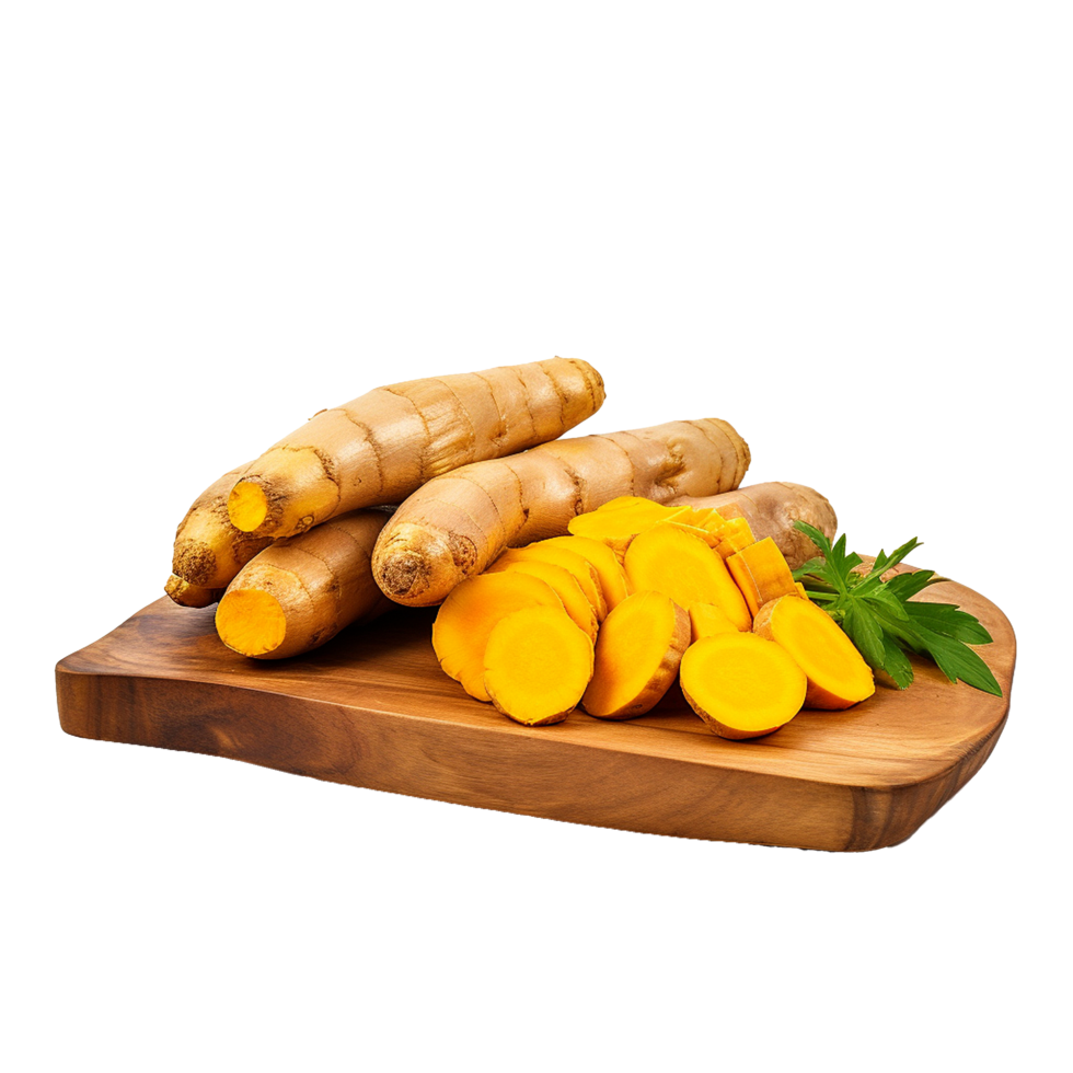 Fresh Turmeric Roots and Slices on Wooden Cutting Board png
