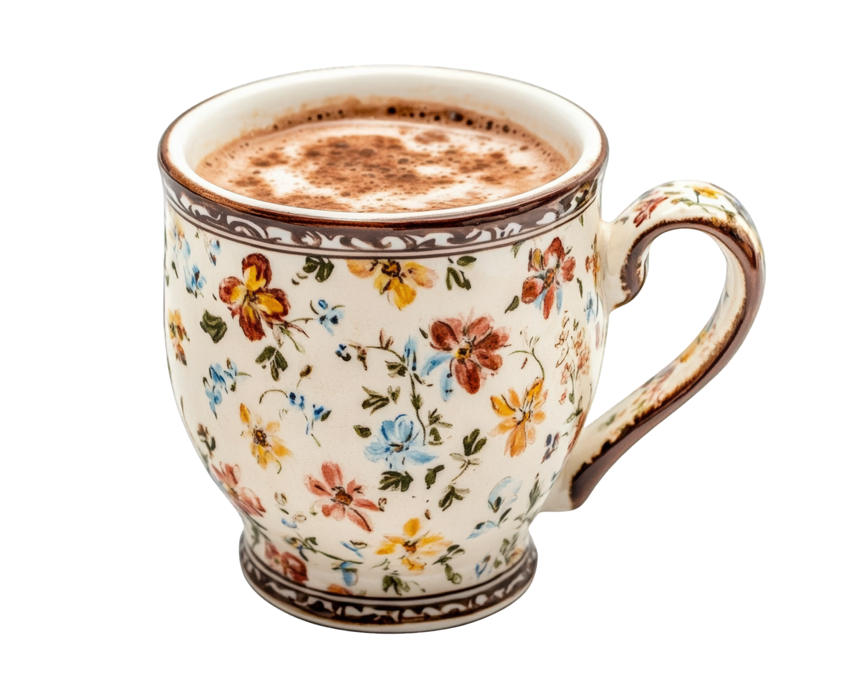 A cup of hot chocolate with a floral design png