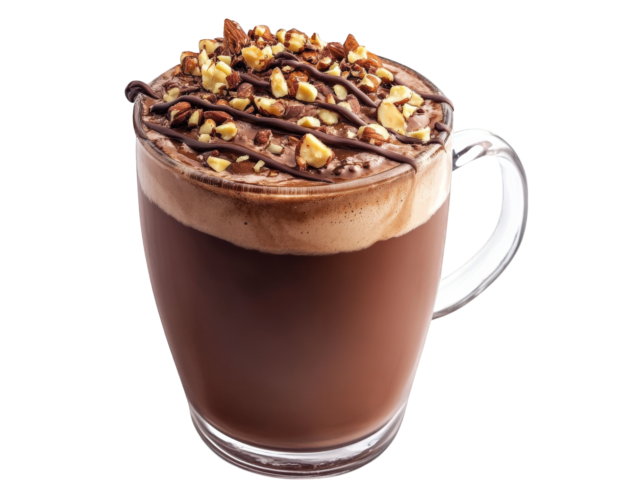 A hot chocolate with nuts and chocolate drizzle png