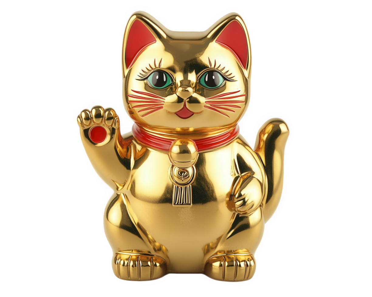 A gold cat figurine with a red and green eyes png