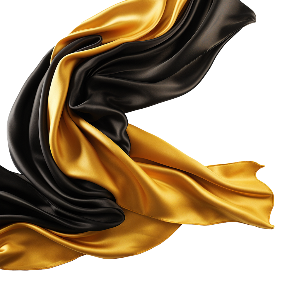 image of flowing black and gold silk fabric, luxurious textile texture, elegant drapery, rich color combination, smooth satin surface, sophisticated design, artistic rendering, wavelike pattern png