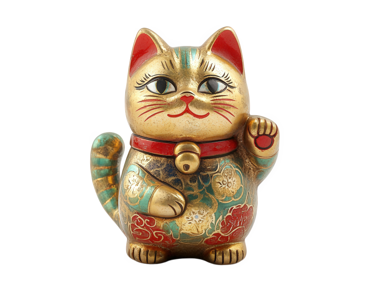 A gold and blue cat figurine with a red and green face png