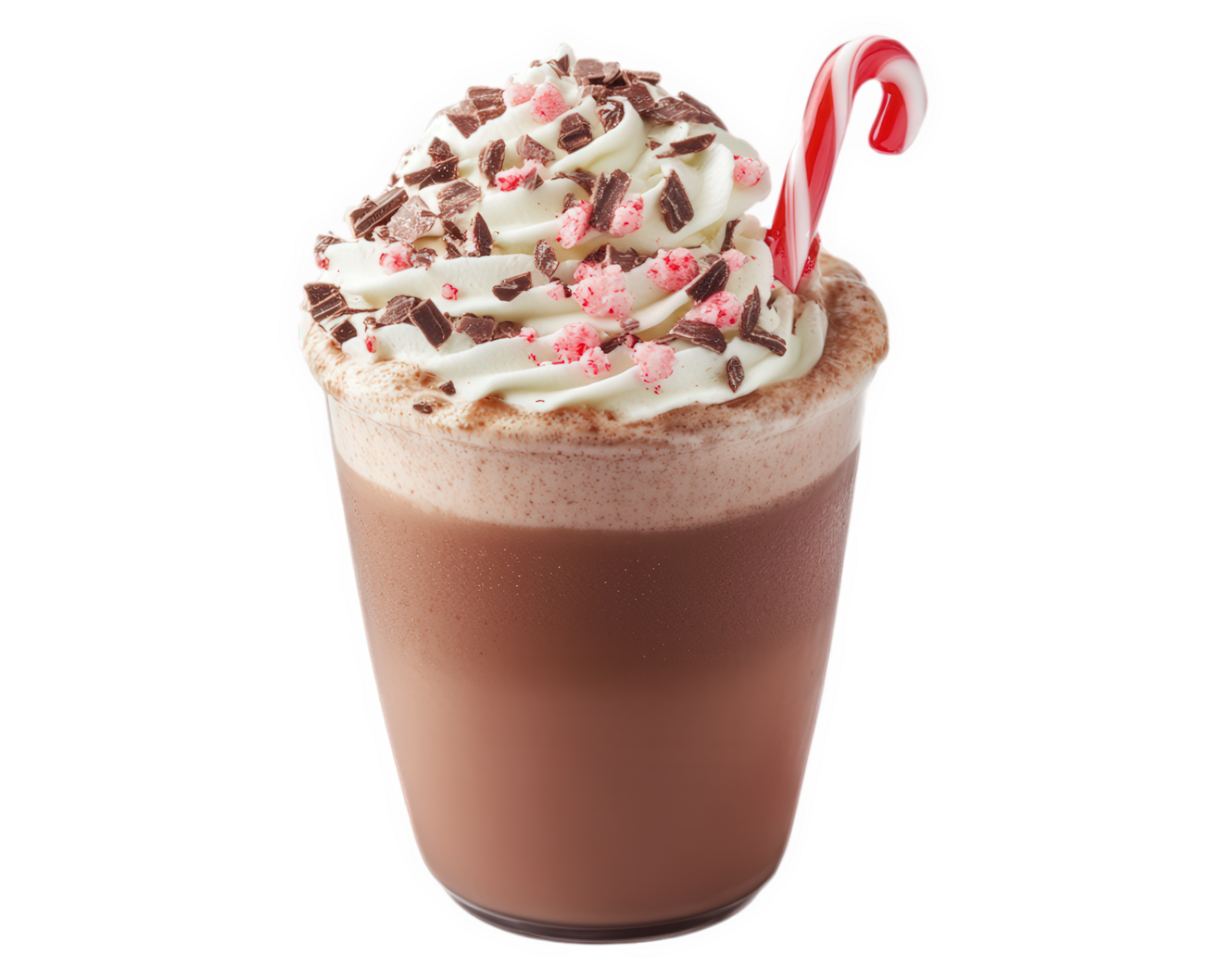 A hot chocolate with whipped cream and candy cane png