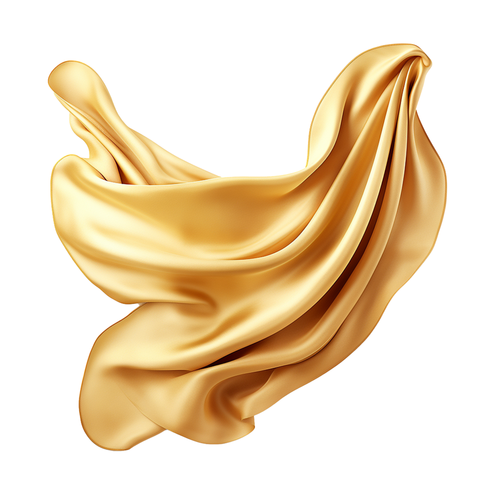 Abstract image of flowing golden silk fabric, luxurious satin texture, elegant textile, smooth waves and folds, 3D rendering, golden drapery, rich color, beautiful textile, fabric design png