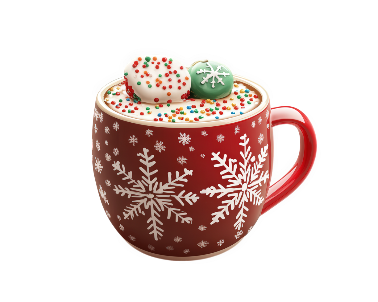 A red mug with sprinkles and snowflakes on top png