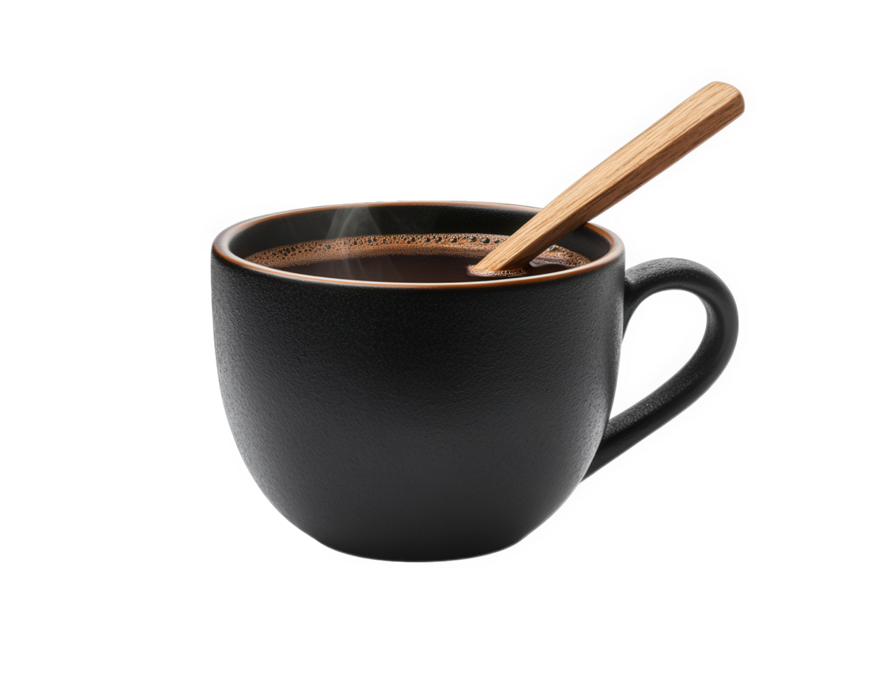 A black cup with a wooden spoon in it png