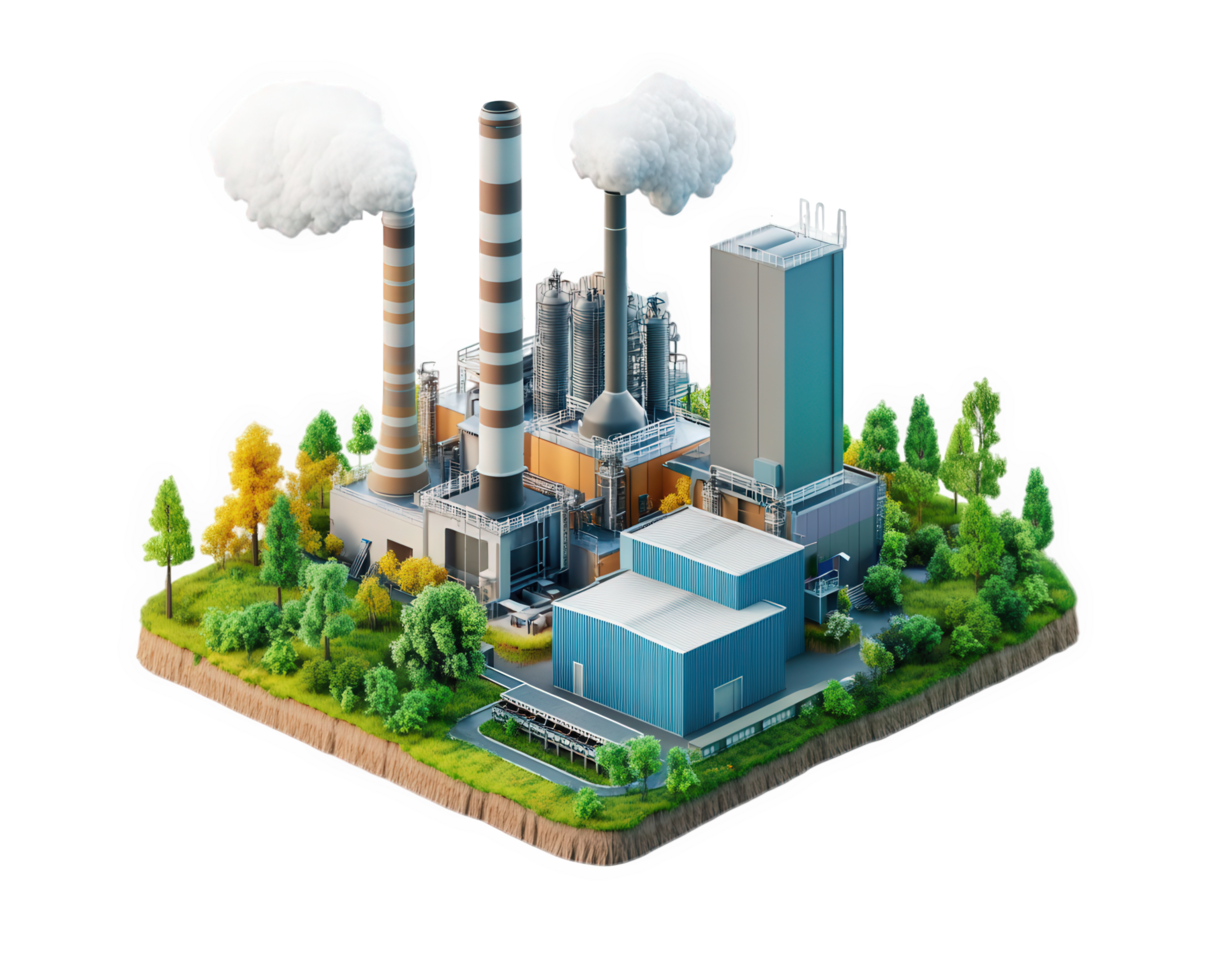 An illustration of a factory with smoke stacks png