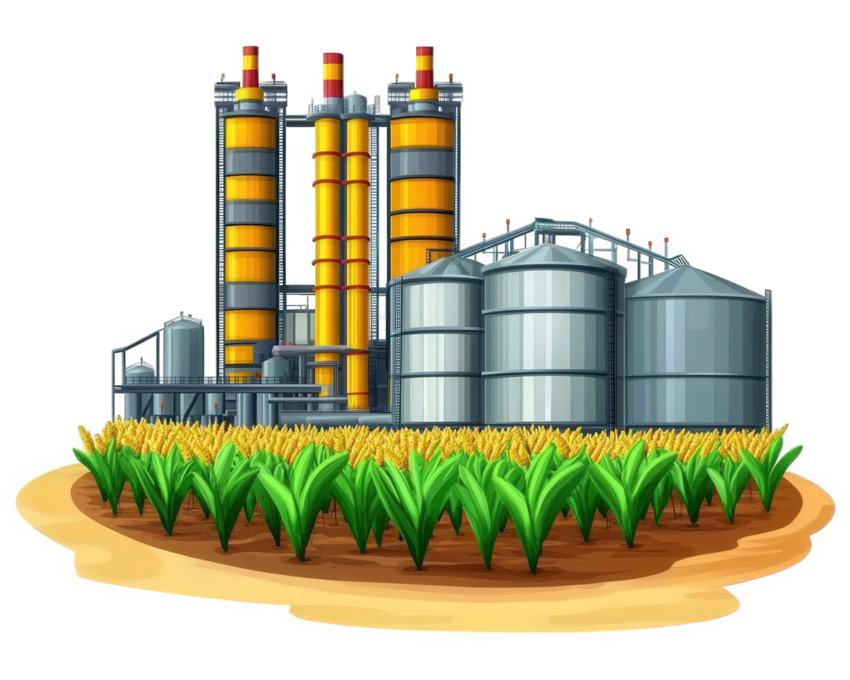 An illustration of a factory with corn and silos png