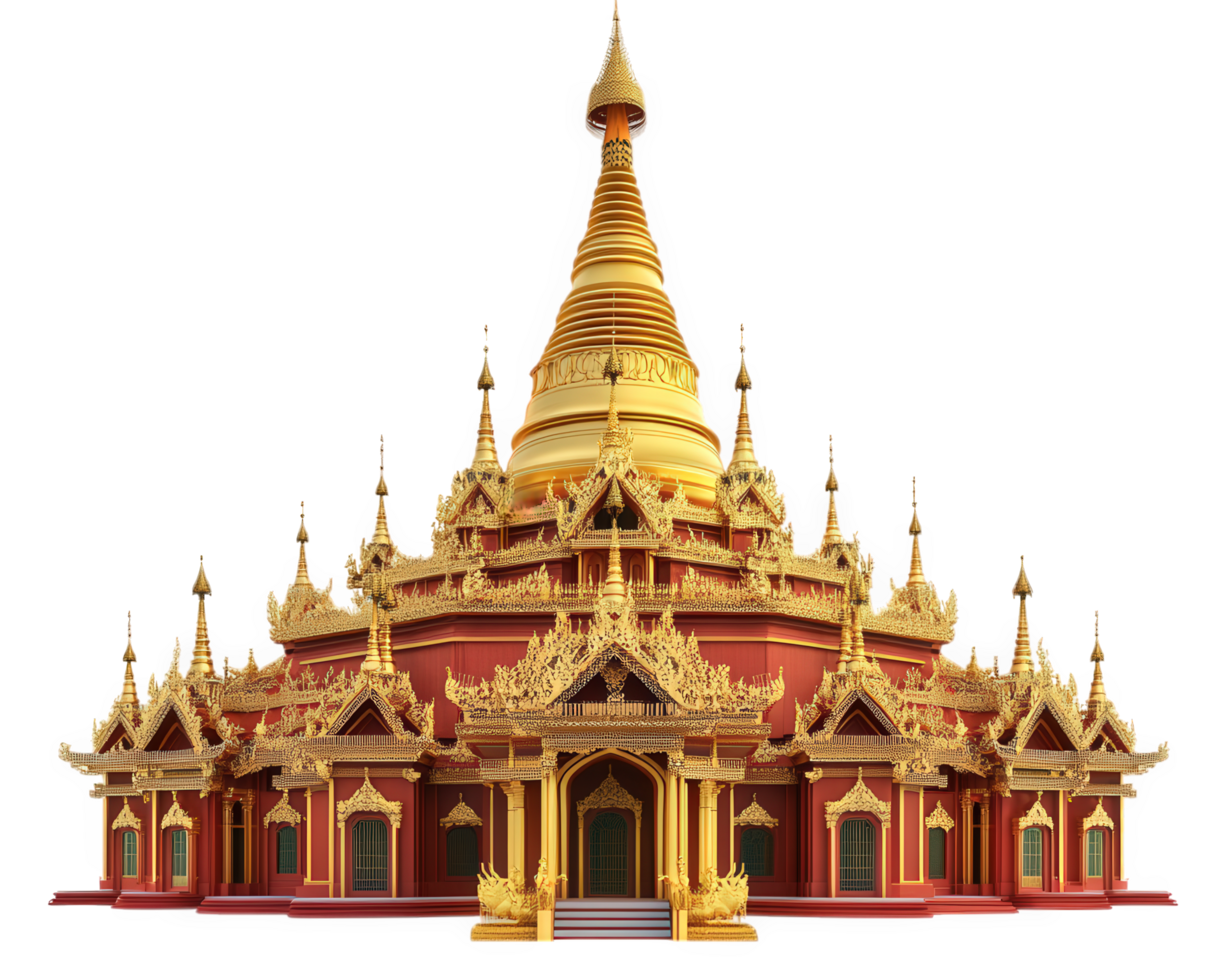 A golden buddhist temple with many spires png