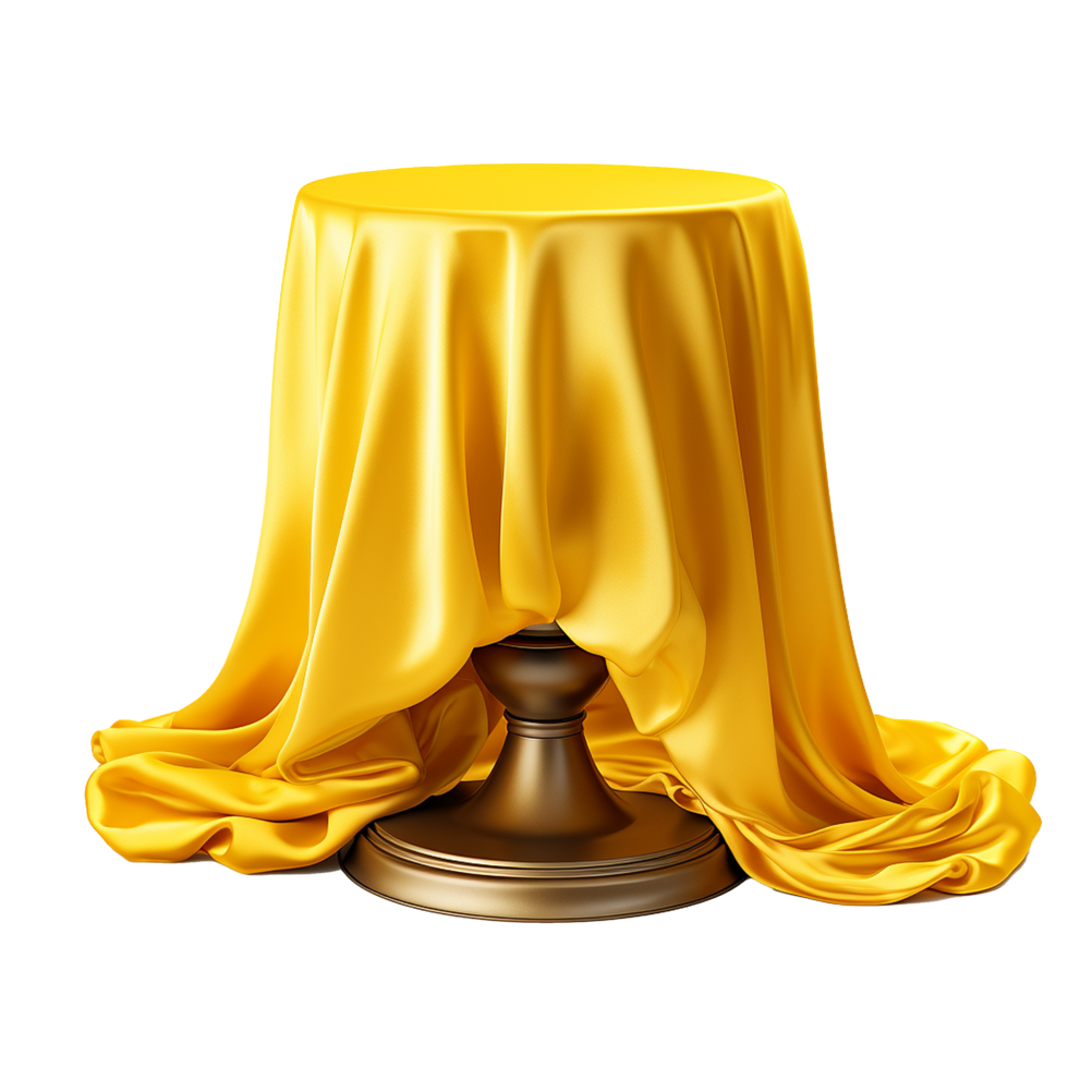 Elegant Gold Pedestal Covered with Luxurious Yellow Silk Drapery, 3D Render, Product Display, Presentation Table, Showcase Stand, Empty Podium, Blank Surface png