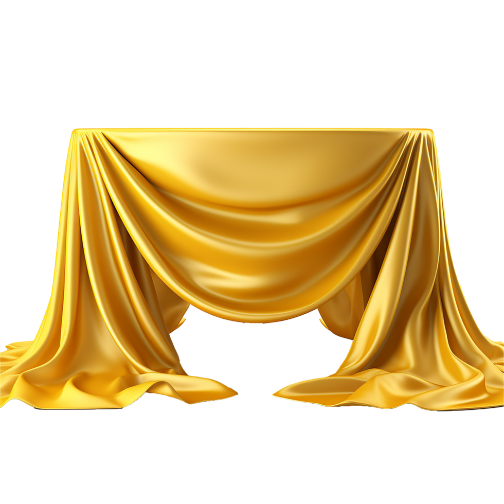Luxurious Golden Silk Draped Over a Hidden Object, Mysterious Reveal, Elegant Presentation, Premium Product, 3D Render, Abstract Background, Golden Fabric, Rich Texture, Smooth Surface, Shiny Material png