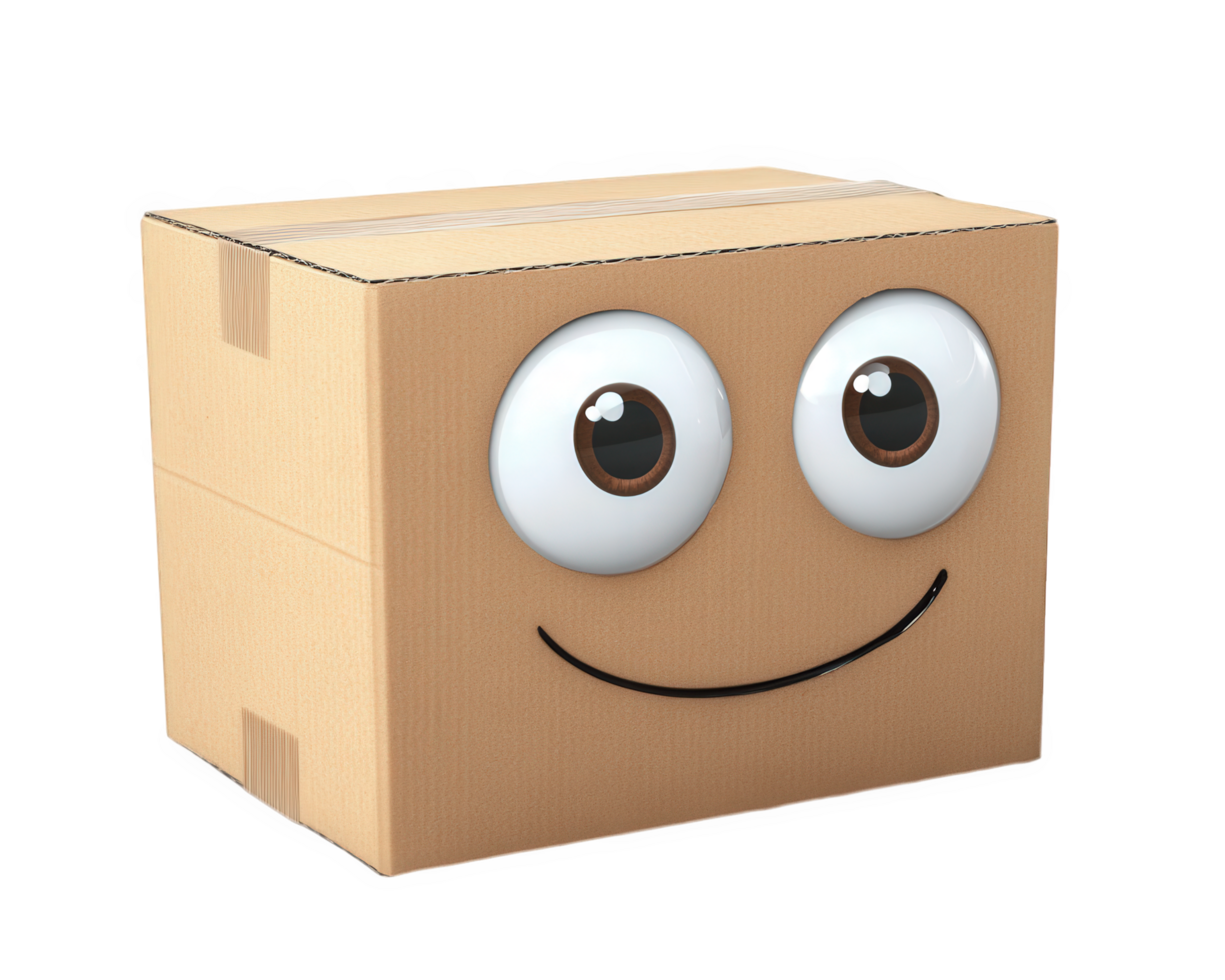 A smiling cardboard box with eyes png