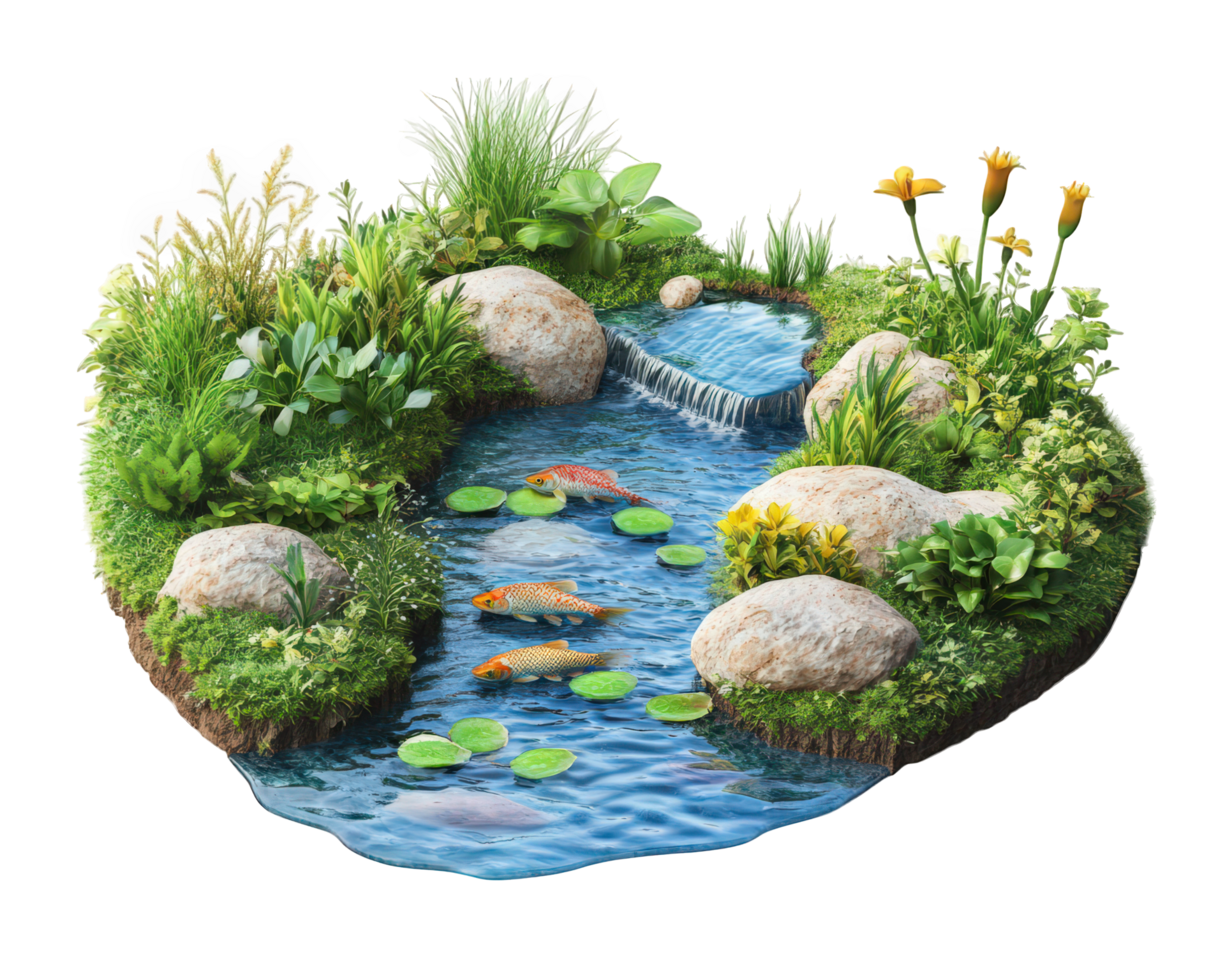 A pond with rocks and plants png