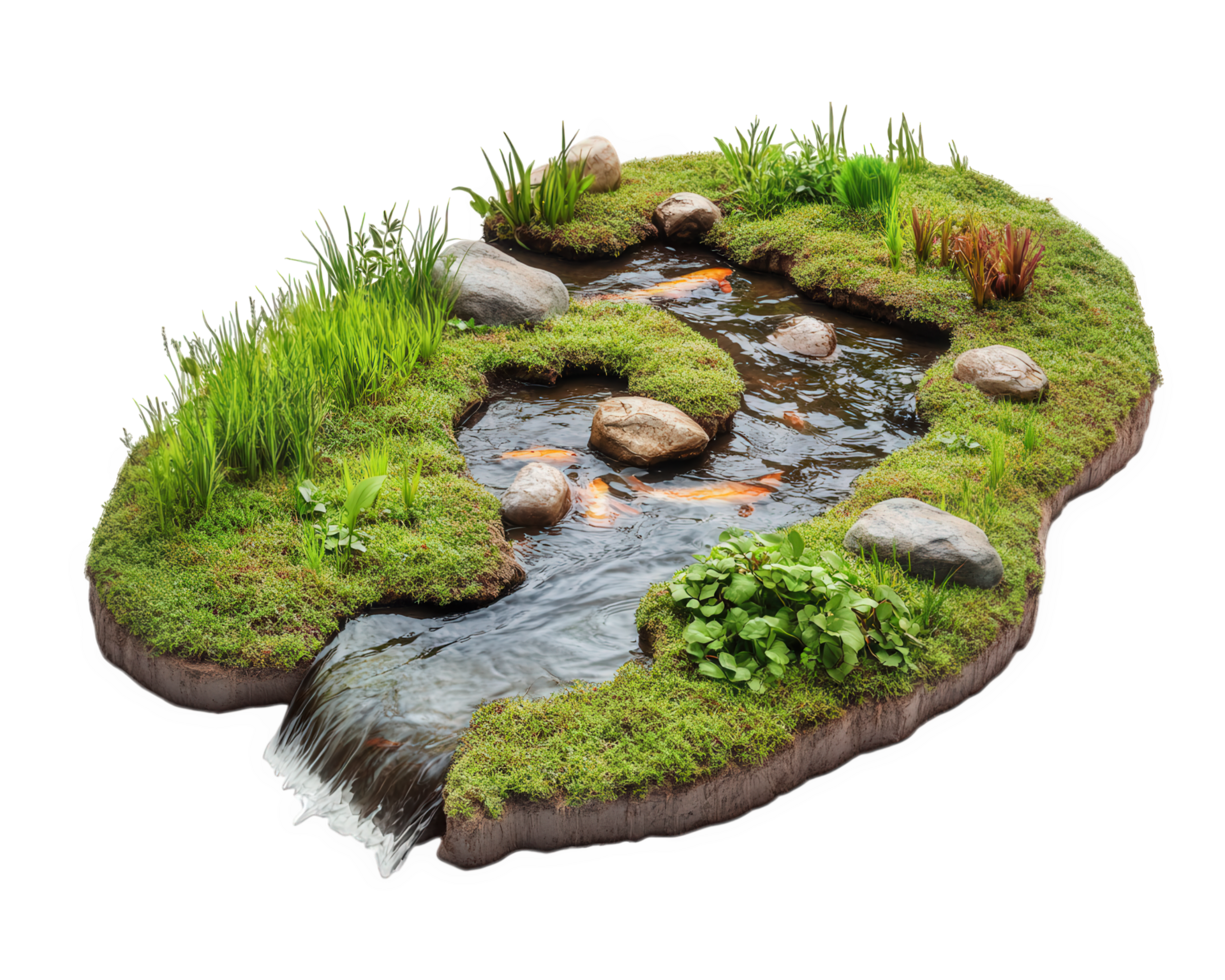 A small pond with grass and rocks png