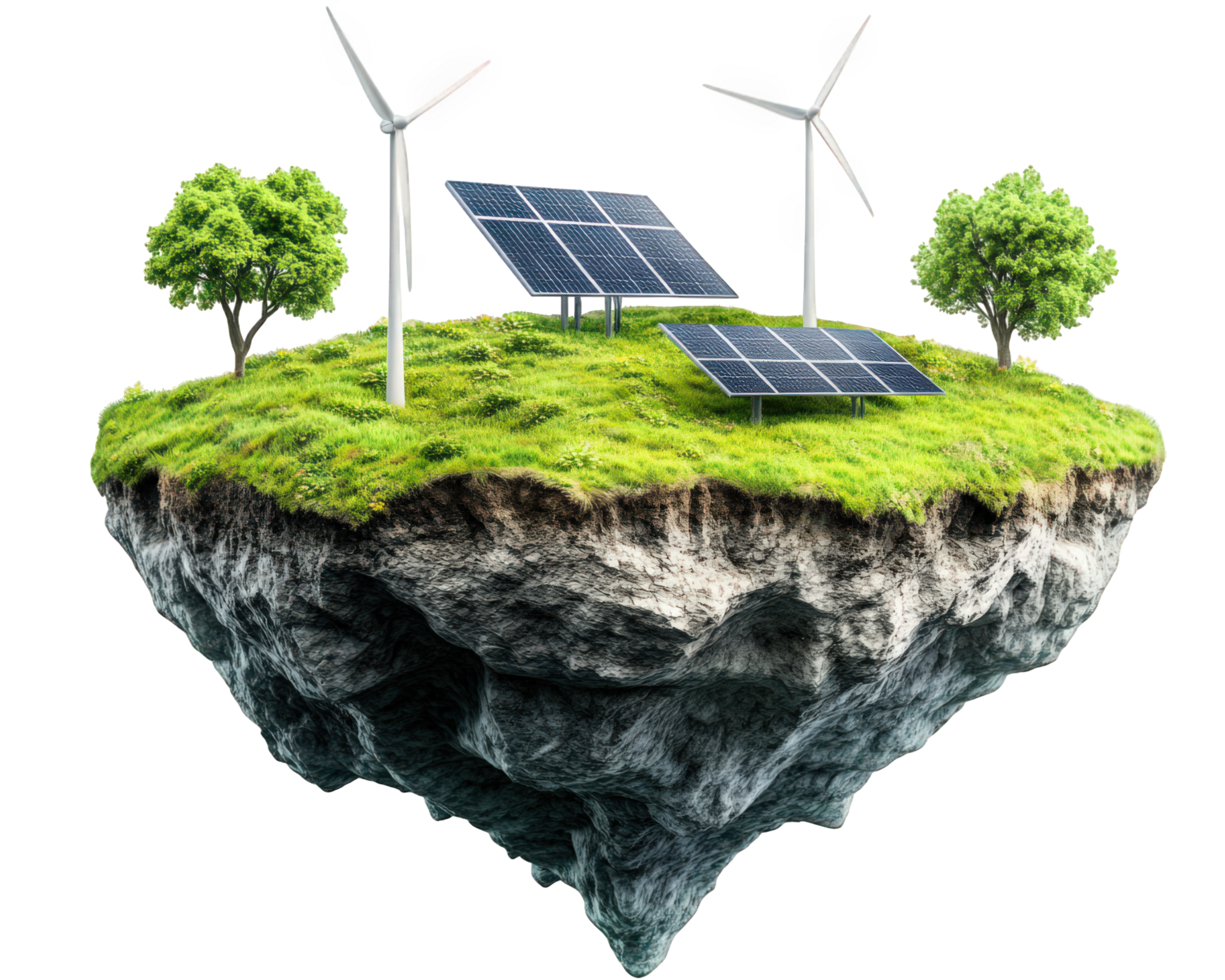 An island with solar panels and wind turbines png