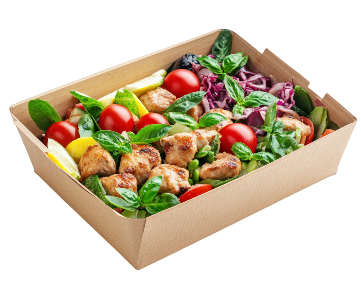 A box with chicken, vegetables and salad png