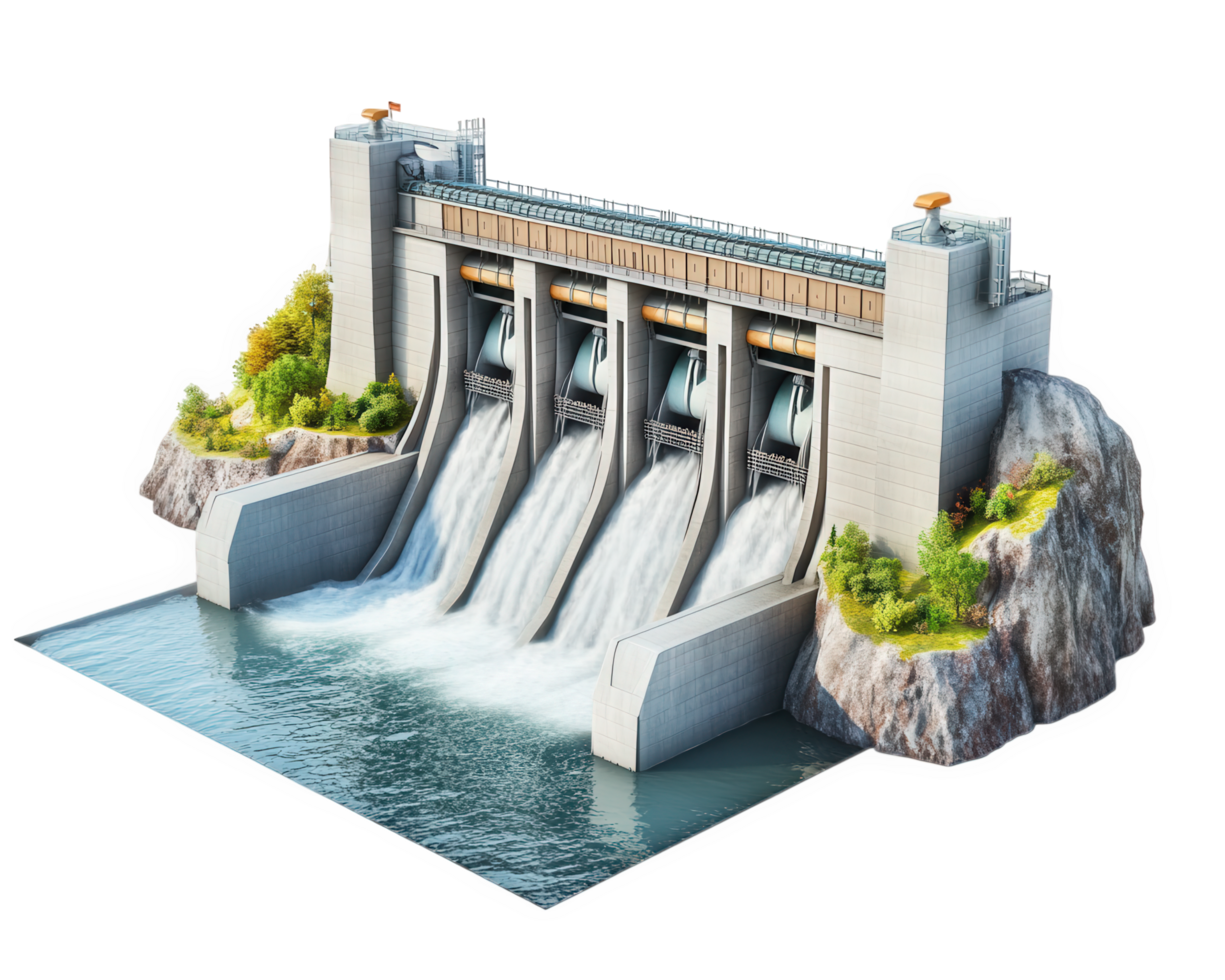 A large dam with water flowing over it png