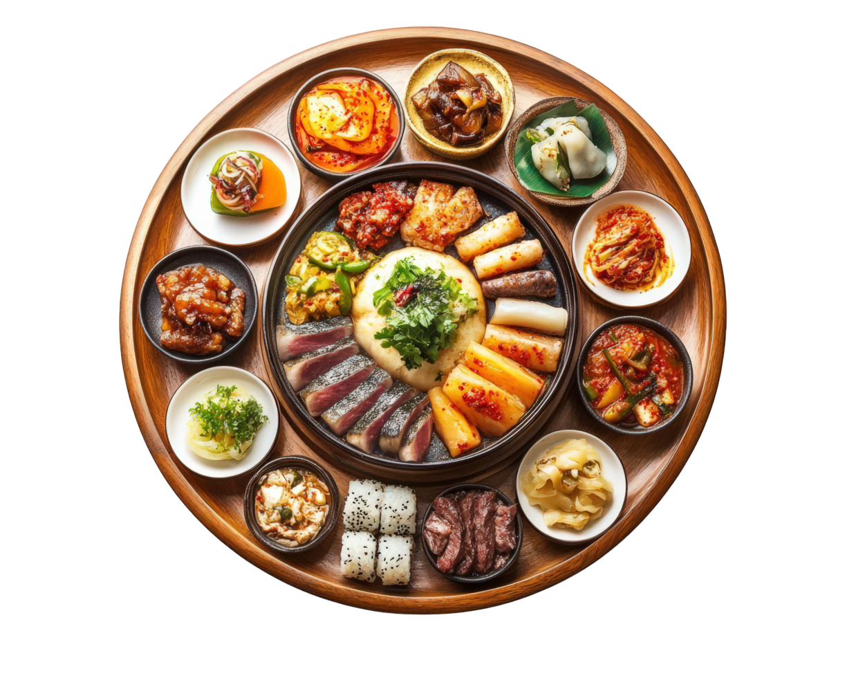 A round plate with many different types of food png