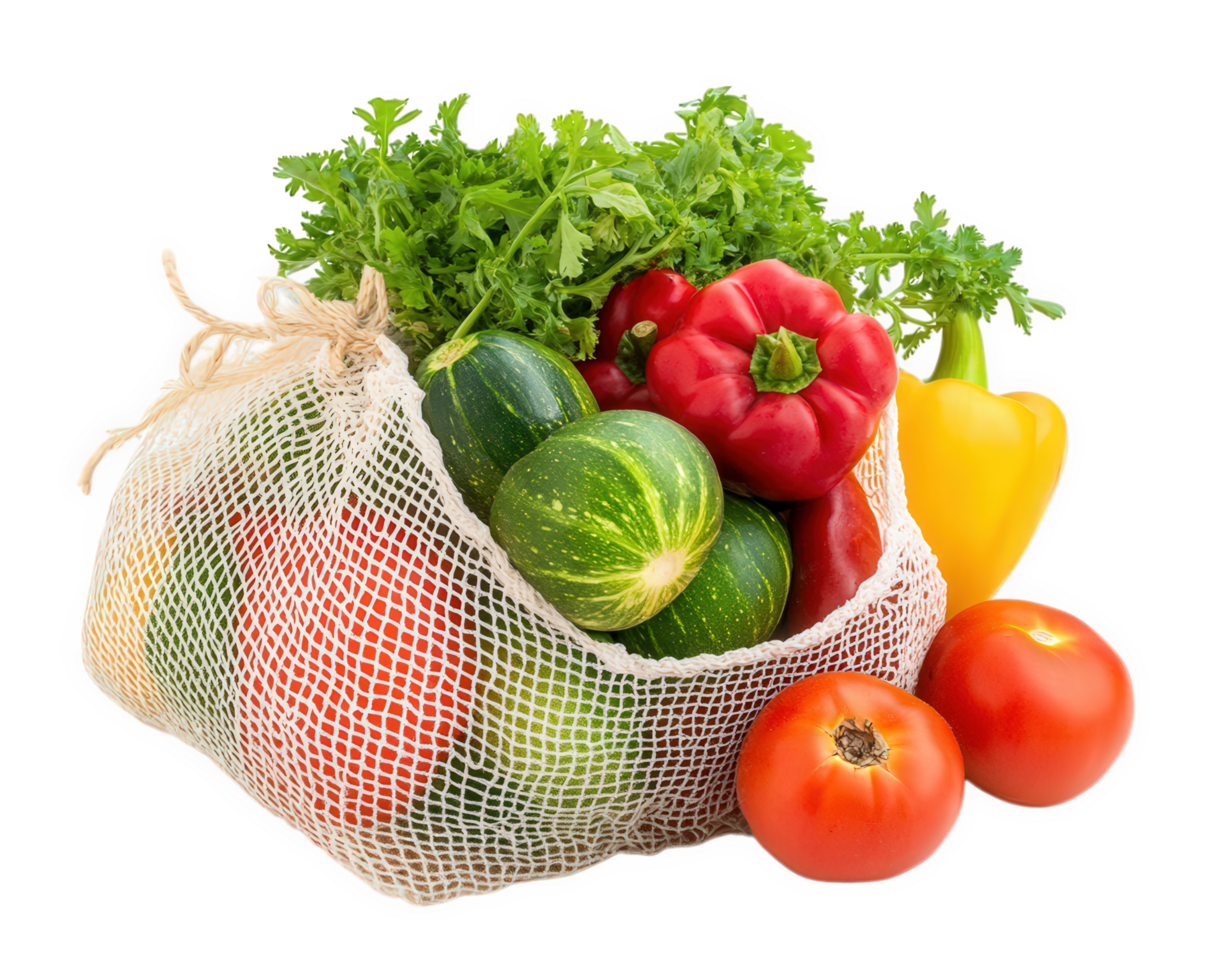 A mesh bag filled with vegetables and fruits png