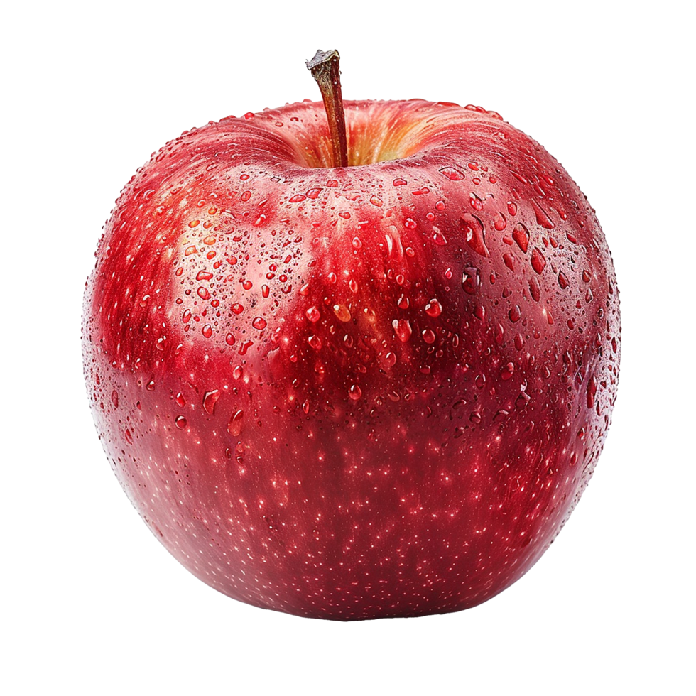 A single red apple with water droplets, vibrant color, juicy fruit, healthy snack, delicious fruit, perfect for eating, close up view, macro photography png