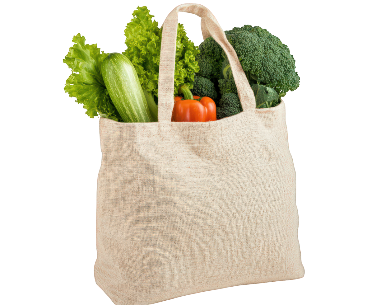 A natural jute shopping bag with vegetables png
