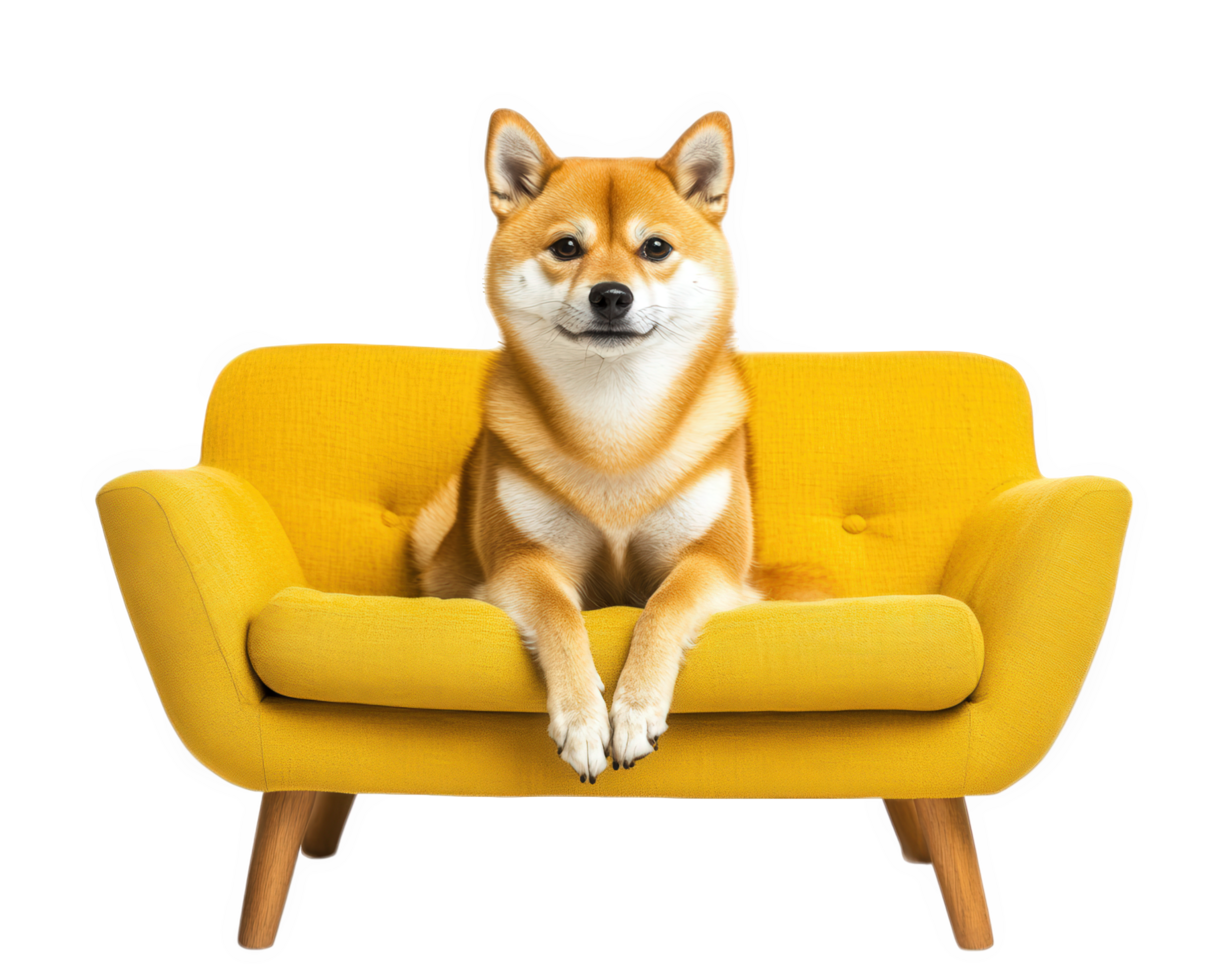 A dog sitting on a yellow couch png