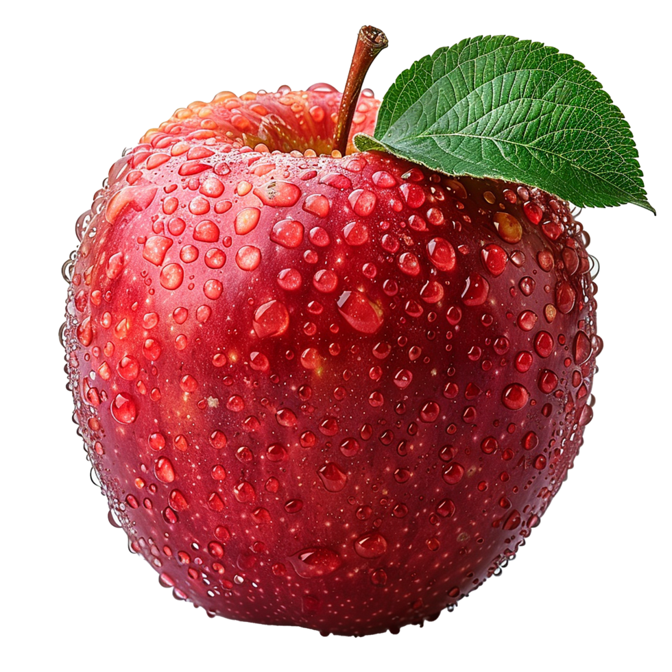 Red Apple Covered in Water Droplets with a Green Leaf png