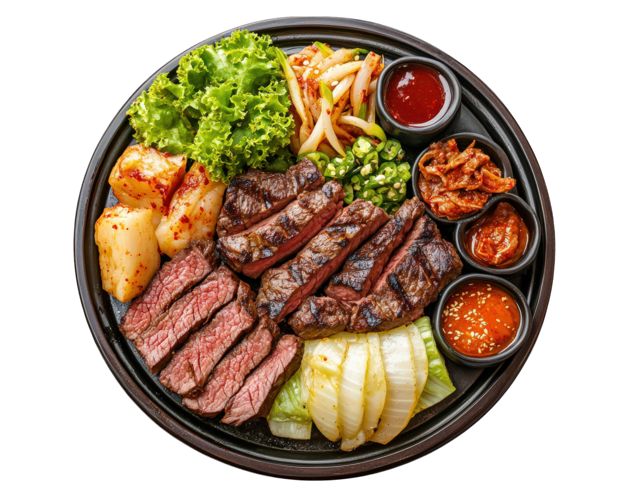 A plate of steak, vegetables and sauce png