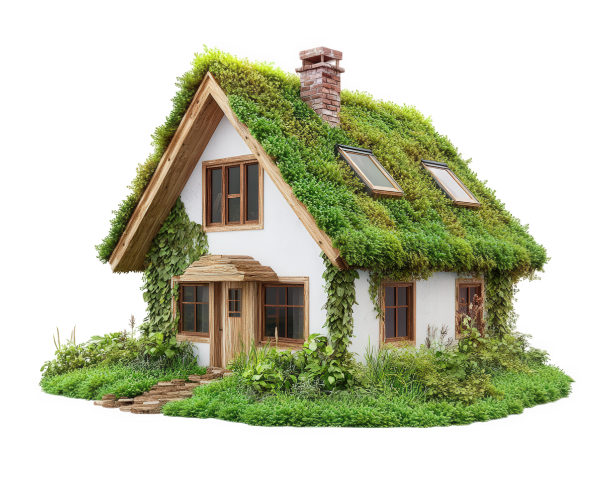 A house with green roof and grass growing on it png