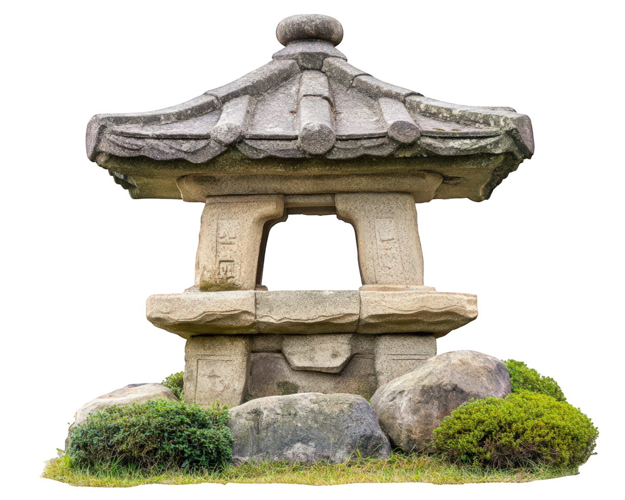 A stone pagoda with a roof and a stone base png