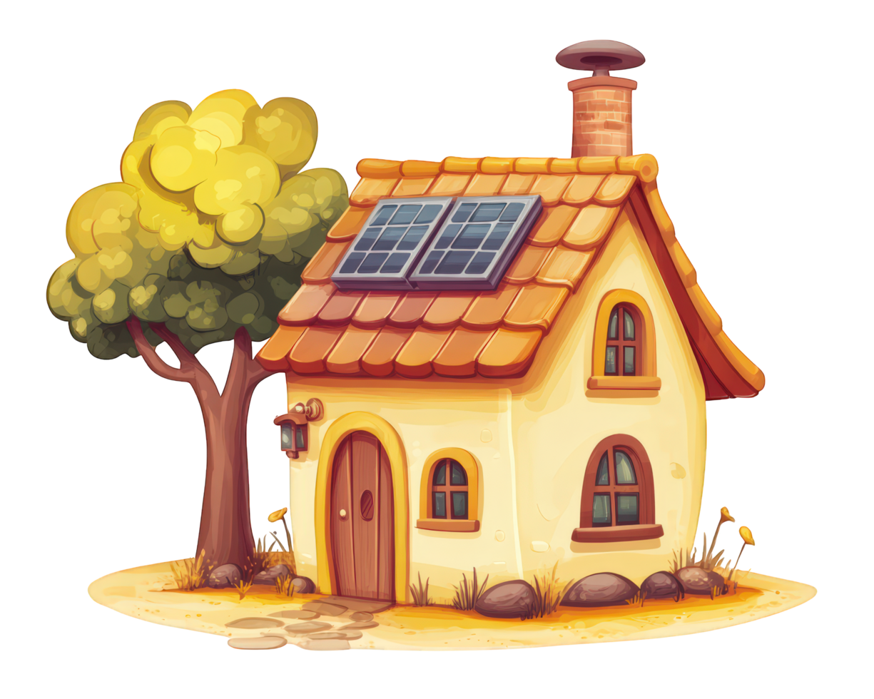A cartoon house with solar panels on the roof png
