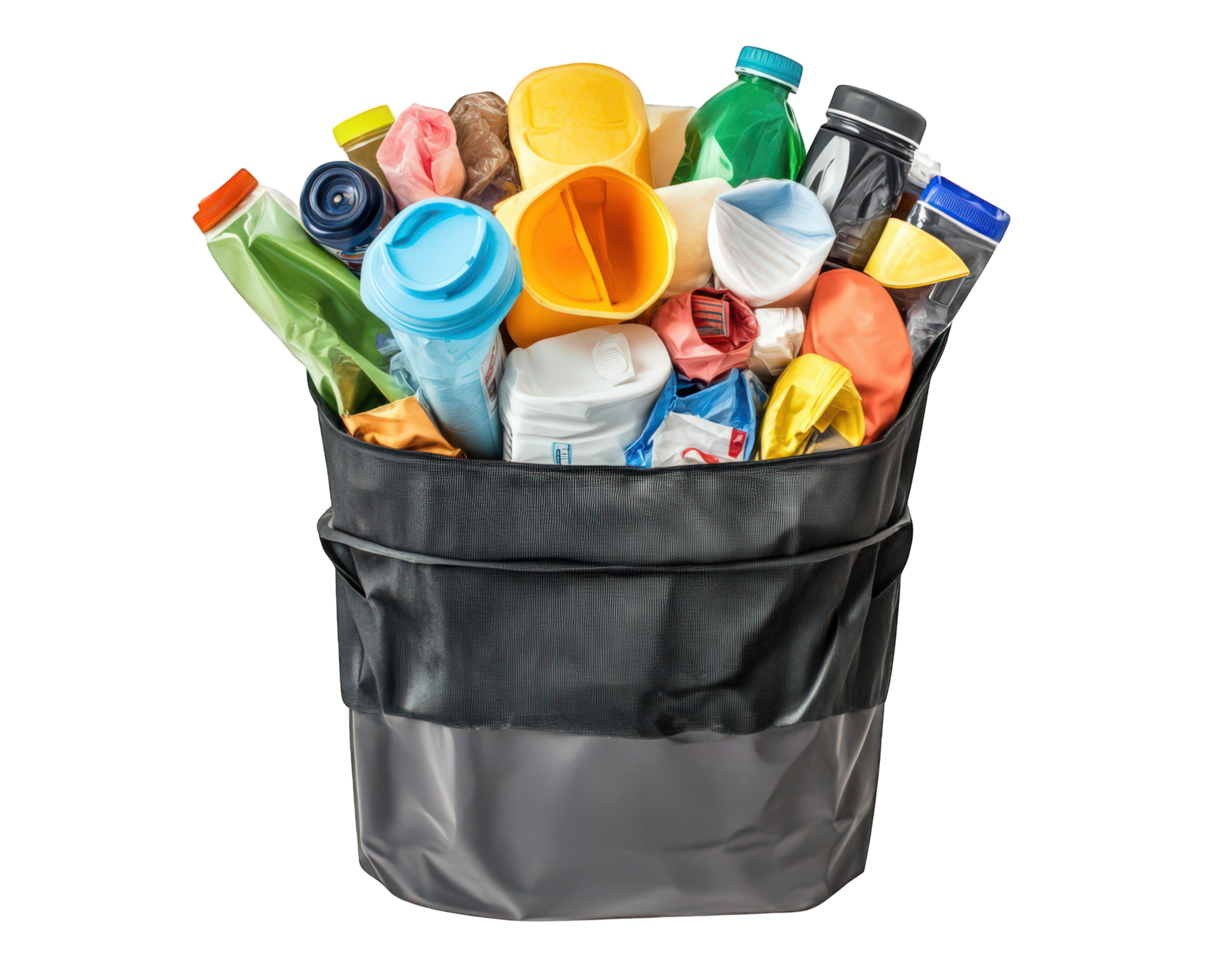 A black trash can filled with plastic bottles and other items png