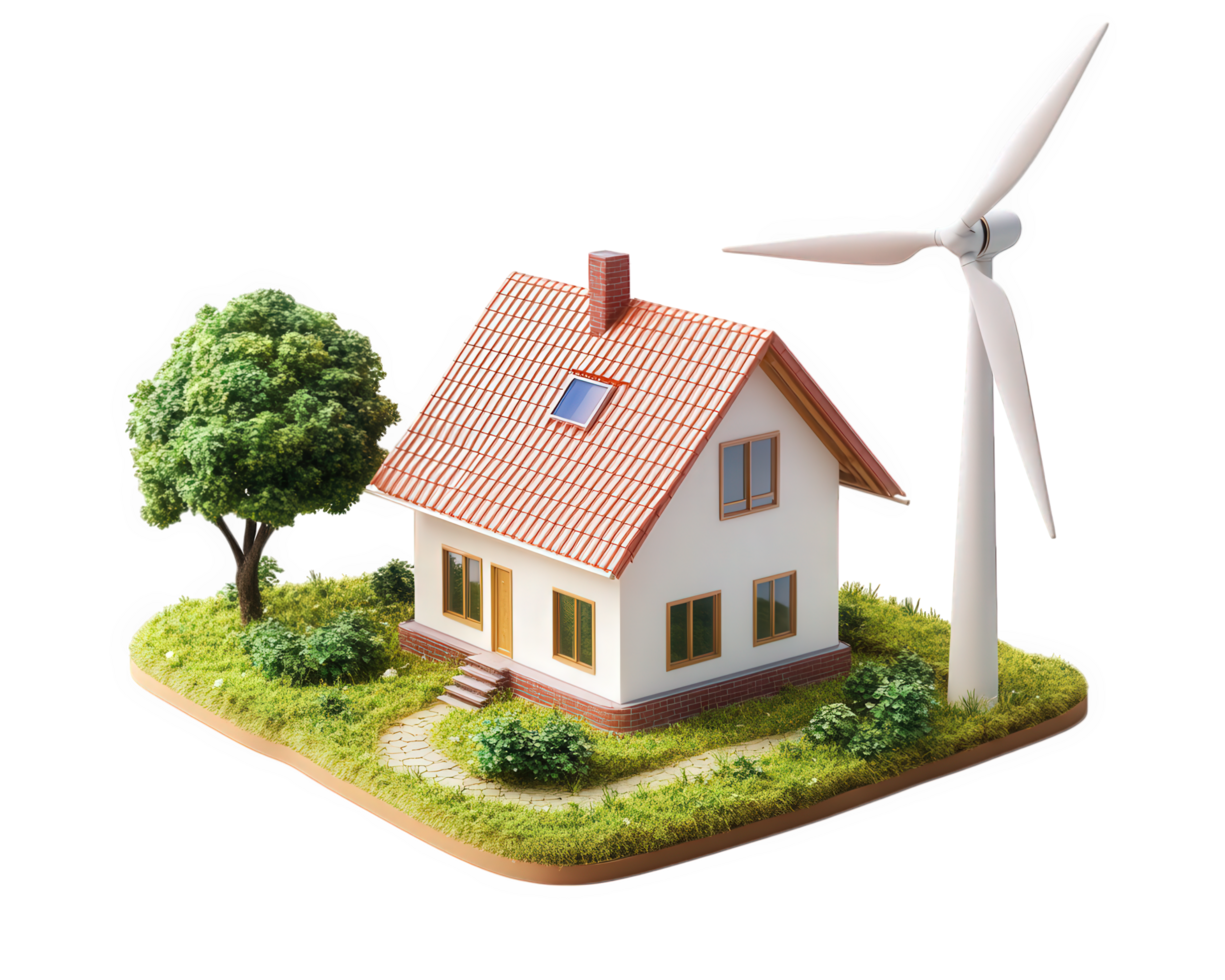 A small house with a wind turbine on top png